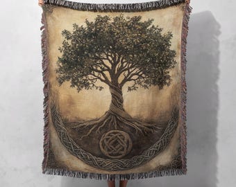 100% Cotton Celtic Tree of Life Woven Blanket, Mystic Cottagecore Tapestry, Cozy Home Decor, Ancestral Art Throw, Gift for Mom