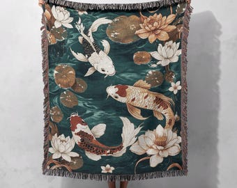 Koi-Teich-Webdecke – 100 % Baumwolle, Zen-inspirierte Decke mit Lotusblüten und Seerosenblättern, beruhigende asiatische Kunstdekoration