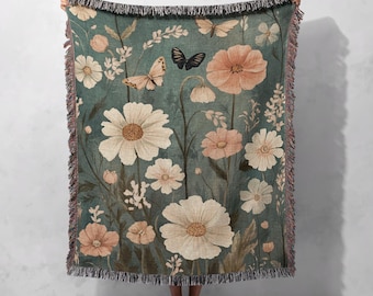 カシミア 花柄刺繍ブランケット 140x190cm 花柄植物園柄100％コットン織りブランケット、自然愛好家向け織り