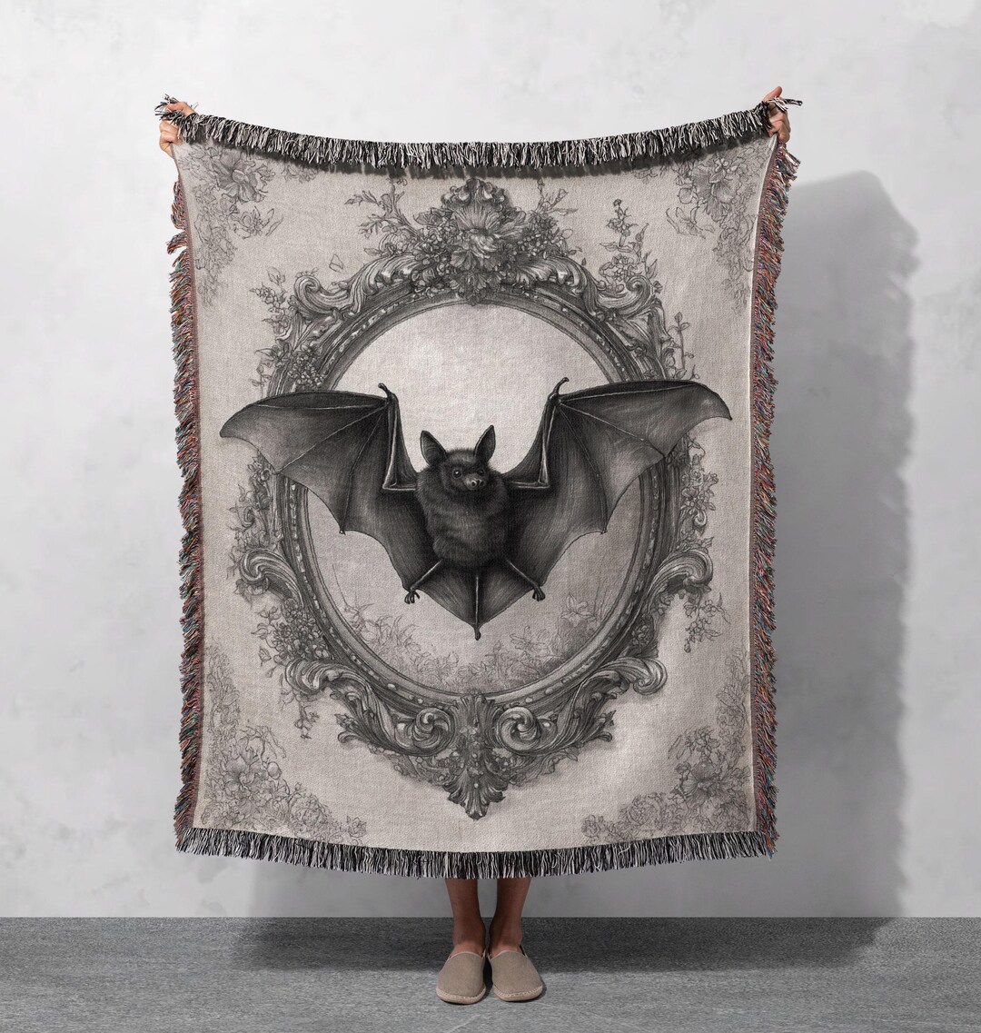Bat Blanket Pattern Gothic Bat Woven Blanket 100% Cotton, Halloween Bat Woven Blanket ...