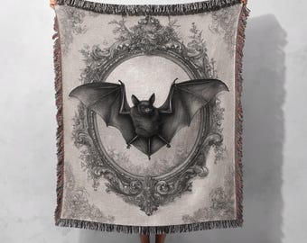 Coperta tessuta a forma di pipistrello gotico in 100% cotone, coperta tessuta a forma di pipistrello di Halloween, coperta tessuta a forma di pipistrello vampiro, coperta tessuta con motivo arte oscura, coperta per una notte spettrale.