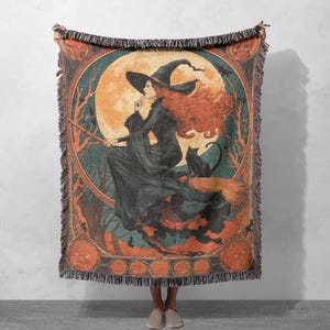 Vintage Witch Woven Blanket 100% Cotton, Halloween Decor Throw Blanket, Wiccan Pagan Art Tapestry, Goth Room Wall Hanging, Witch Friend