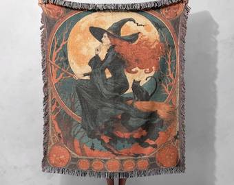 Vintage Witch Woven Blanket 100% Cotton, Halloween Decor Throw Blanket, Wiccan Pagan Art Tapestry, Goth Room Wall Hanging, Witch Friend