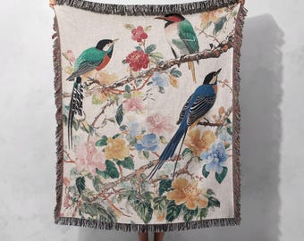 100% katoenen deken met op maat geweven vogelmotief, bloemen- en natuurtapijt, artistieke deken met dierenmotieven, gezellige woondecoratie, cadeau voor natuurliefhebbers