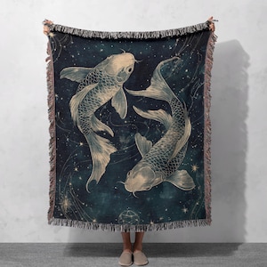 100% Cotton Pisces Koi Woven Blanket, Celestial Fish Tapestry Throw, Cottagecore Blanket, Home Decor