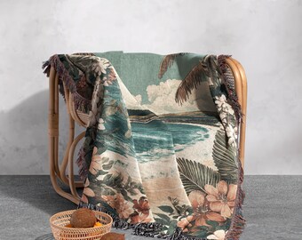 Tropical Beach Woven Blanket – 100% Cotton Coastal Throw With Palm