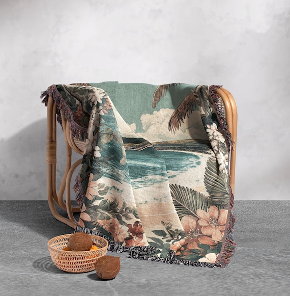 Tropical Beach Woven Blanket – 100% Cotton Coastal Throw With Palm