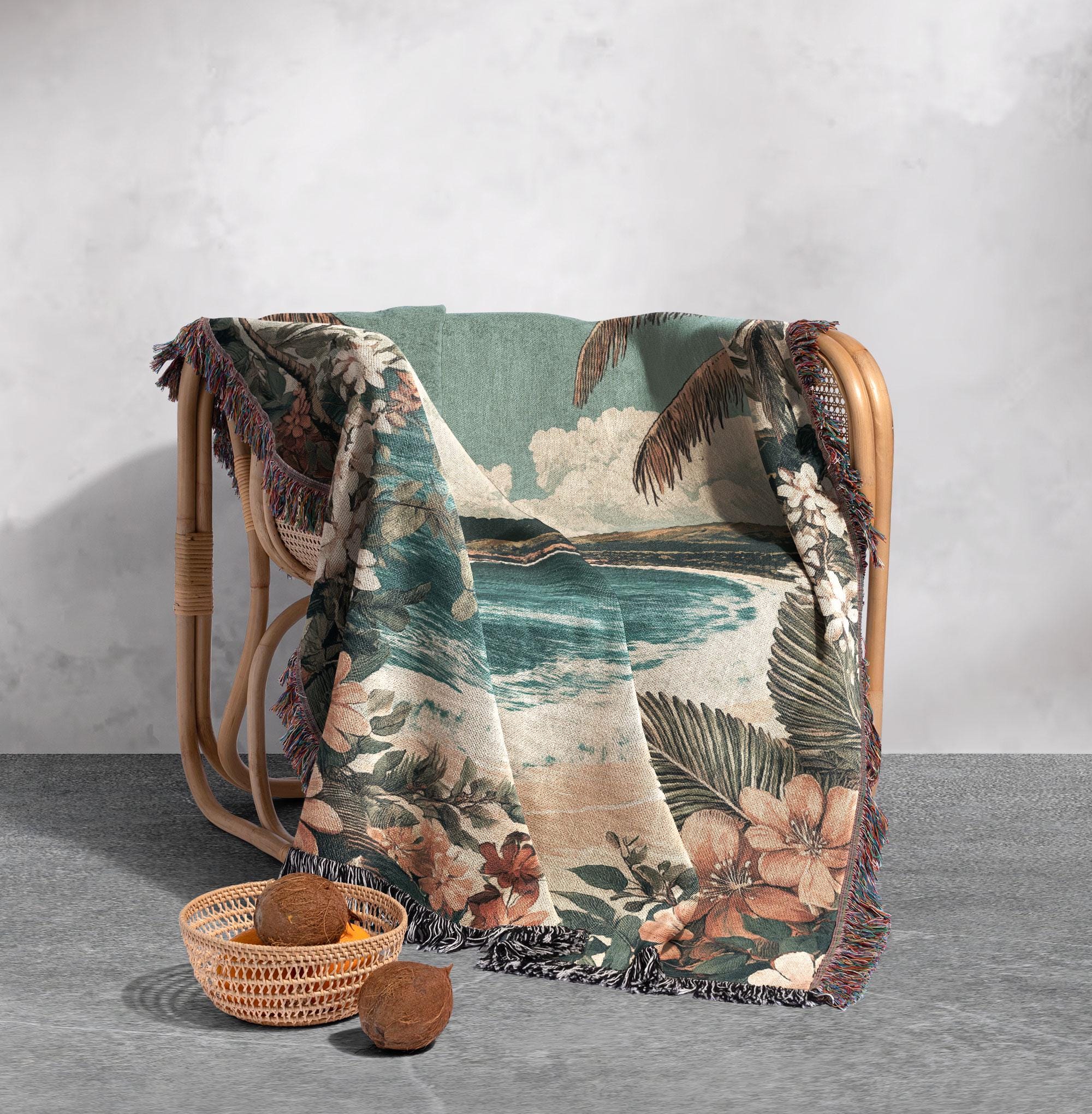 Tropical Beach Woven Blanket – 100% Cotton Coastal Throw With Palm