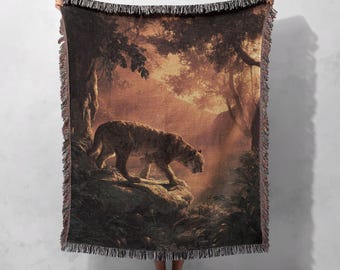 Coperta tessuta con tigre nella giungla, 100% cotone, coperta con dipinto vintage, arazzo tessuto con amante della fauna selvatica, coperta tessuta con amante della natura