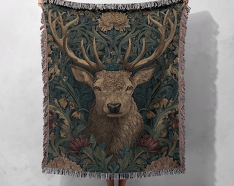 Woodland Animal Lover Woven Blanket 100% Cotton, Hunter Dad Gift Woven Throw, Cabin Decor Tapestry Blanket, Birthday Gift For Him, Nature.