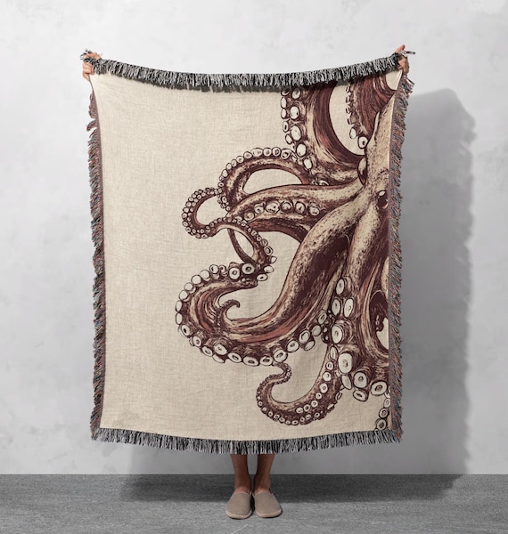 Nautical Octopus Woven Blanket 100% Cotton - Coastal-Themed Throw with Intricate Tentacle Design for Ocean-Inspired Home Decor, Cottagecore