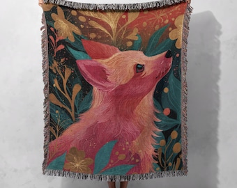 Fox Lover Hobby Woven Blanket 100% Cotton, Animal Lover Gift Woven Throw, Nature Lover Decor Tapestry Blanket, Woodland Birthday Blanket