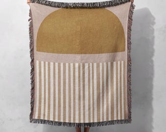 Minimalist Woven Blanket 100% Cotton - Modern Geometric Design, Cottagecore Tapestry
