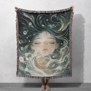 Ethereal Mermaid Woven Blanket 100% Cotton - Dreamy Ocean-Inspired Home Decor Throw Blanket, Cottagecore Tapestry