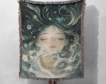 Ethereal Mermaid Woven Blanket 100% Cotton - Dreamy Ocean-Inspired Home Decor Throw Blanket, Cottagecore Tapestry
