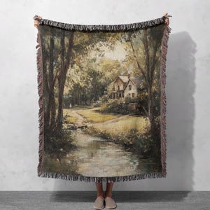 Countryside Cottage 100% Cotton Woven Blanket – Rustic Landscape Art Decor, Cottagecore Tapestry