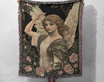 100% Cotton Angel Woven Blanket – Vintage Heavenly Guardian Tapestry, Ethereal Floral Throw