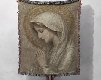 Virgin Mary Woven Blanket 100% Cotton, Catholic Gift For Mom Throw Blanket, Christian Faith Tapestry, Prayer Room Decor Throw, Religious.