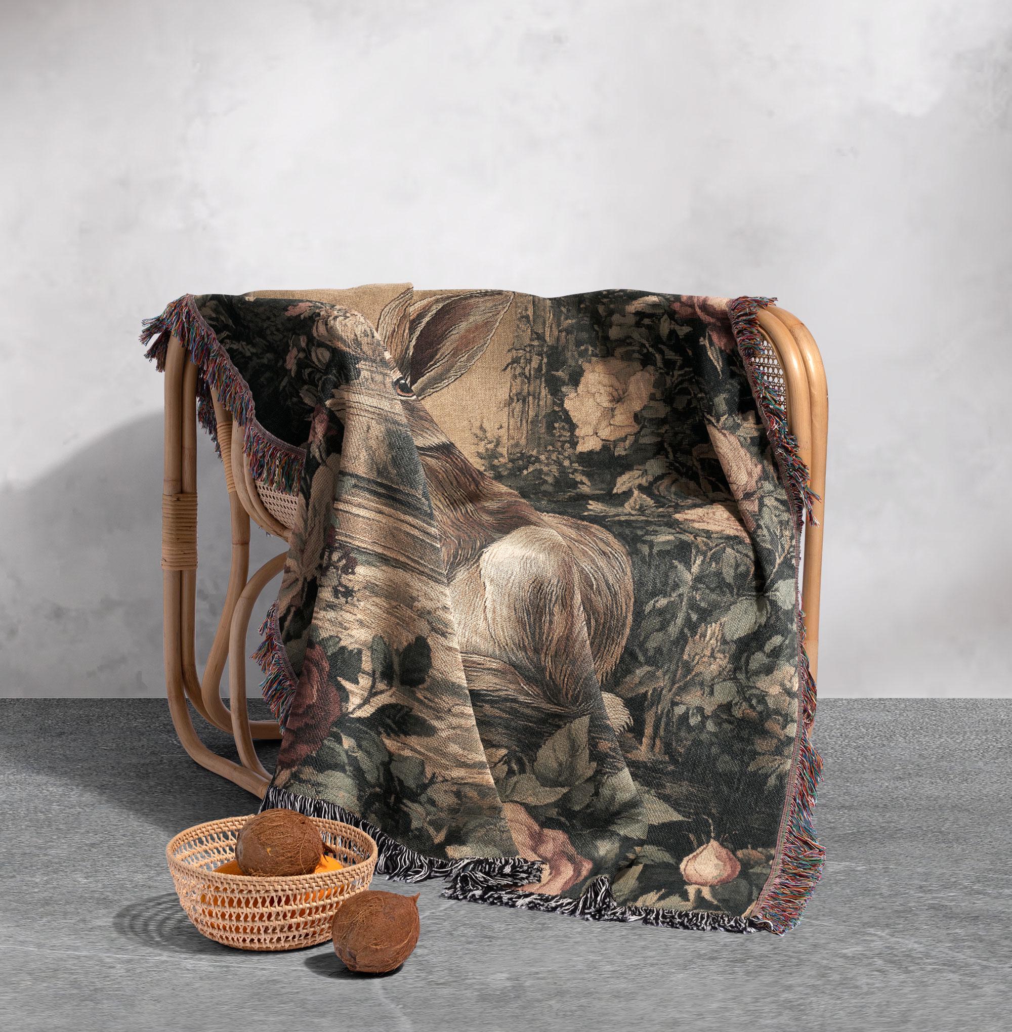 100% Cotton Woven Blanket – Vintage Garden Bunny Tapestry  Vintage Garden Shelf Woven Tapestry Throw Blanket Bunny Floral Green Fringed display picture 1
