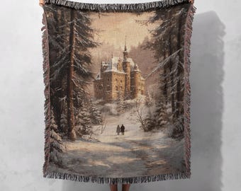 100% Cotton Winter Castle Woven Blanket, Enchanted Snowy Landscape Tapestry Throw, Cozy Fantasy Home Decor, Romantic Fairytale Gift