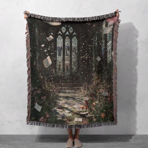 Gothic Cathedral Aesthetic Woven Blanket 100% Cotton, Vintage Literature Fan Throw Blanket, Dark Academia Decor, Book Lover Reading Nook Blanket