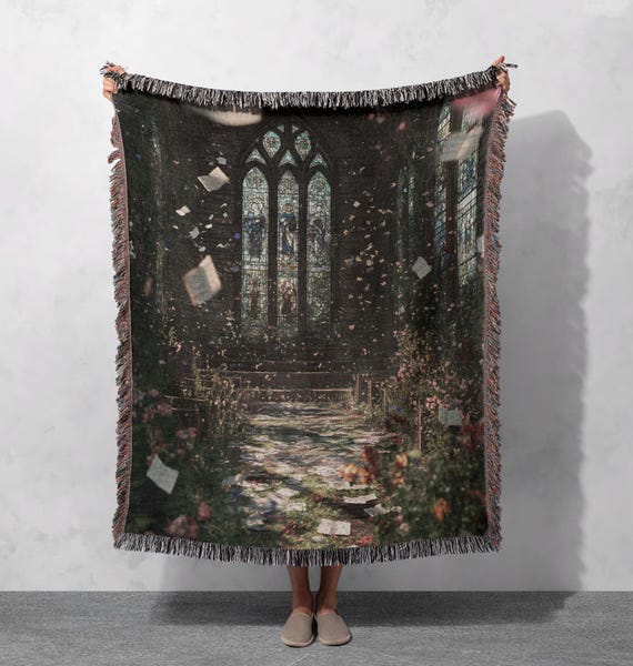 Gothic Cathedral Aesthetic Woven Blanket 100% Cotton, Vintage Literature Fan Throw Blanket, Dark Academia Decor, Book Lover Reading Nook