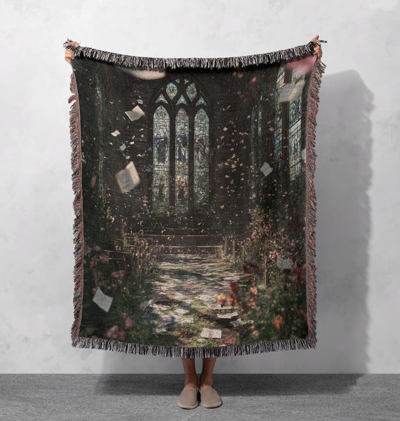 Gothic Cathedral Aesthetic Woven Blanket 100% Cotton, Vintage Literature Fan Throw Blanket, Dark Academia Decor, Book Lover Reading Nook Blanket