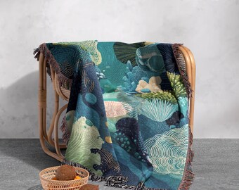 L*e様 iMPeRF Ocean View Woven Throw Blank Ocean Coral Reef Woven Blanket 100% Cotton, Marine Life Woven
