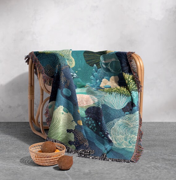 Ocean Coral Reef Woven Blanket 100% Cotton, Marine Life Woven