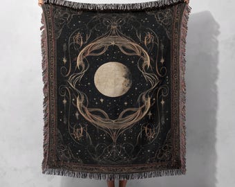 Coperta tessuta in 100% cotone con luna celeste, arazzo gotico mistico, coperta artistica cosmica, arredamento per la casa in stile boho scuro