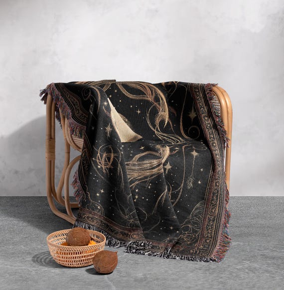 100% Cotton Celestial Moon Woven Blanket, Mystical Gothic Tapestry