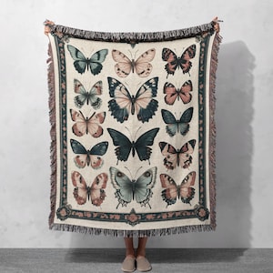 100% Cotton Butterfly Woven Blanket – Vintage Botanical Insect Tapestry, Nature-Inspired Throw