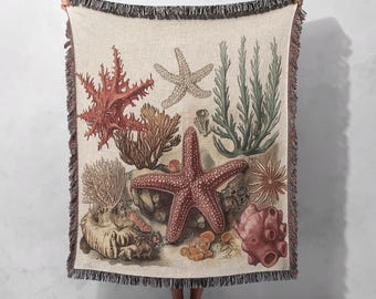 Manta tejida 100 % algodón con motivos vintage Ocean Life: decoración marina costera para el hogar, tapiz Cottagecore
