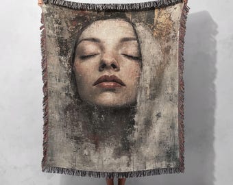 Manta tejida 100 % algodón con retrato abstracto: decoración artística surrealista para el hogar, tapiz Cottagecore