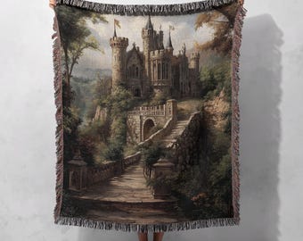 Medieval Castle Woven Blanket 100% Cotton - Enchanting Fairytale-Inspired Decorative Throw, Cottagecore Tapestry, Fantasy Gift