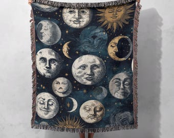 Celestial Hobby Woven Blanket 100% Cotton, Stargazer Gift Throw Blanket, Astrology Lover Woven Throw, Witchy Pagan Decor Tapestry, Friend
