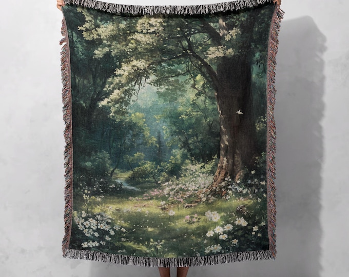 Enchanted Forest Woven Blanket 100% Cotton, Nature Lover Gift, Serene Garden Throw, Cozy Scene, Magical Illustration, Cottagecore Home Decor
