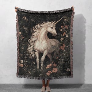 Enchanted Unicorn Woven Blanket, Fantasy Tapestry Throw, Medieval Gothic Decor