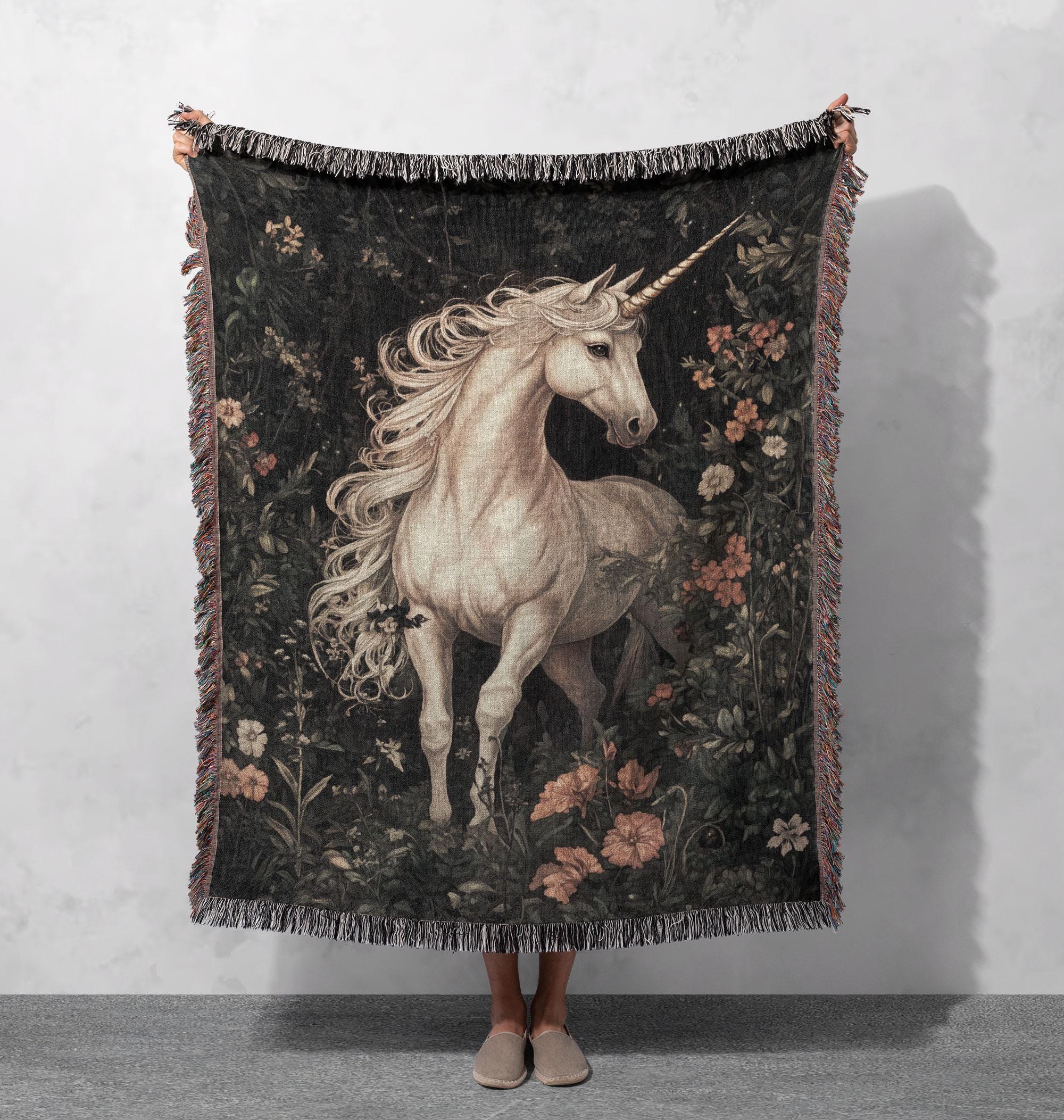 Enchanted Unicorn Woven Blanket, Fantasy Tapestry Throw, Medieval Gothic Decor