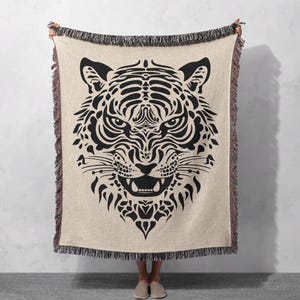 Fierce Tiger Woven Blanket 100% Cotton - Bold Animal Print Throw, Cottagecore Tapestry