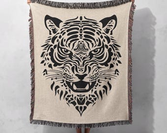 Fierce Tiger Woven Blanket 100% Cotton - Bold Animal Print Throw, Cottagecore Tapestry