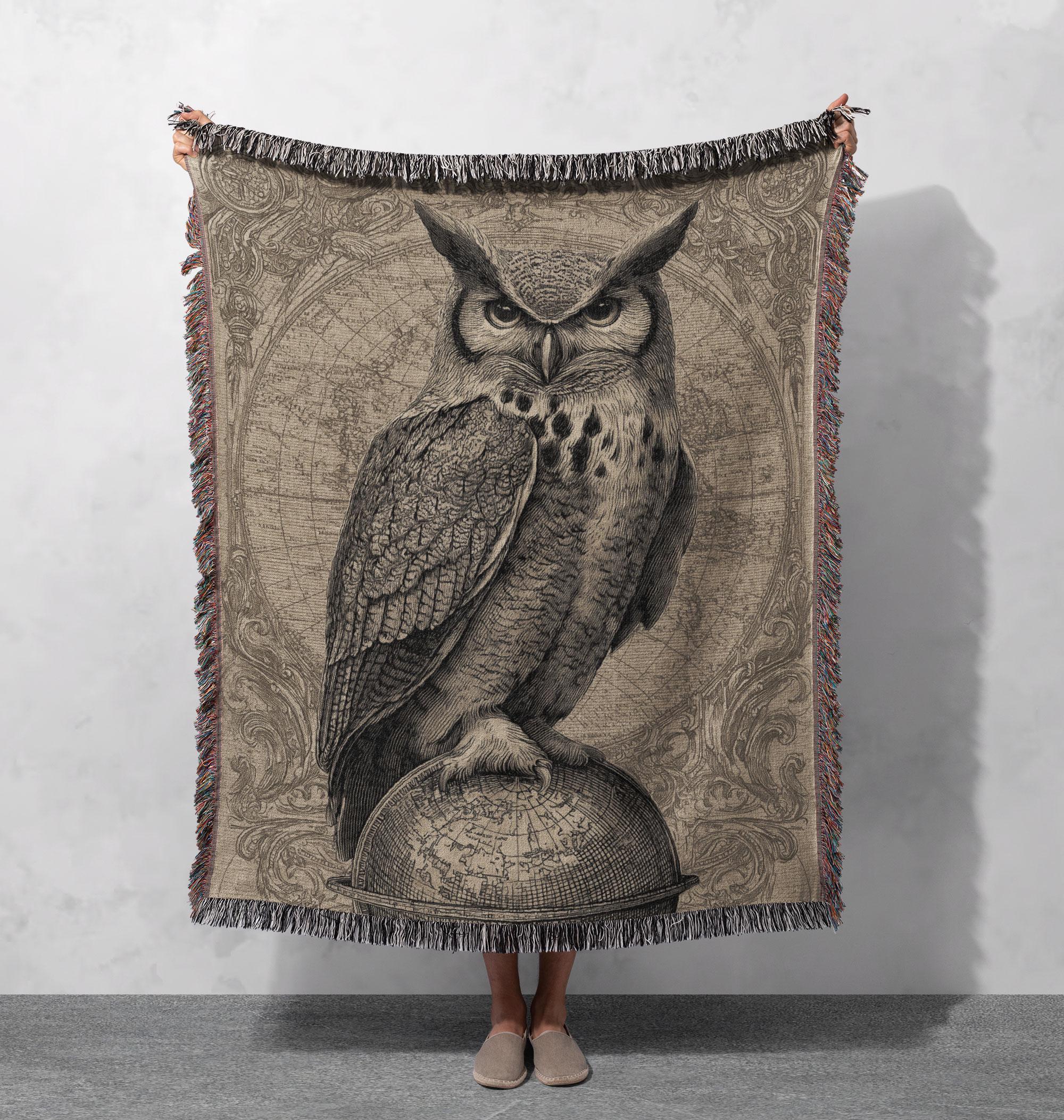 Majestic Wise Owl On Globe 100% Cotton Woven Blanket, Birdwatching Enthusiast Explorer Throw Blanket
