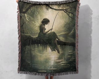 Fairy Fishing Scene Woven Blanket 100% Cotton - Whimsical Nature-Inspired Home Decor Throw Blanket, Cottagecore Tapestry
