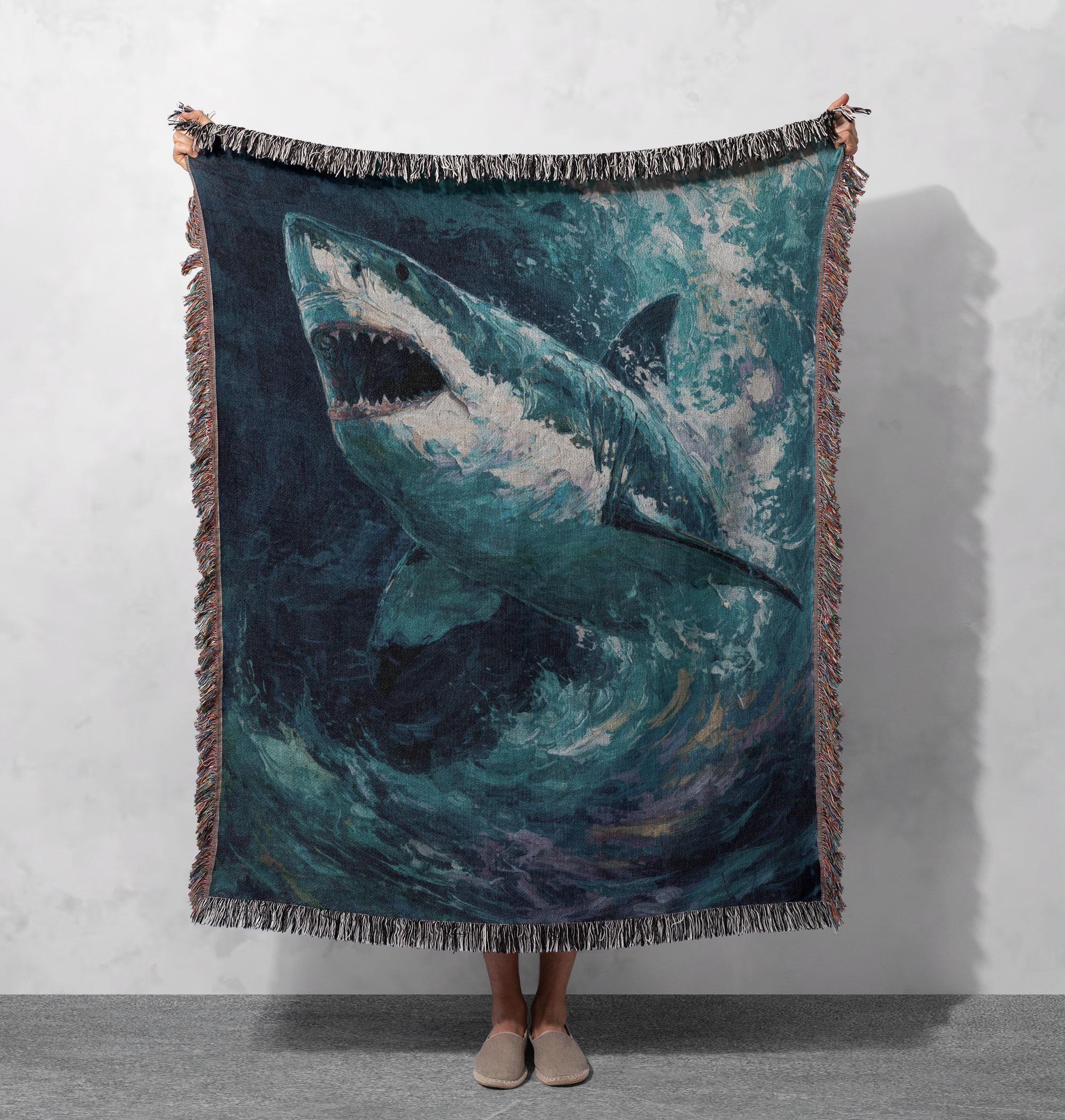 Great White Shark Woven Blanket 100% Cotton, Ocean Predator Woven