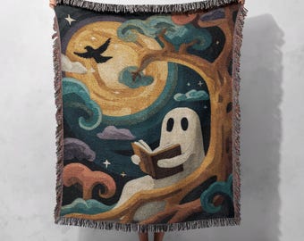 Manta tejida de fantasma leyendo un libro (100 % algodón), ideal para amantes de los libros, manta de Halloween espeluznante, manta tejida de bibliotecario.