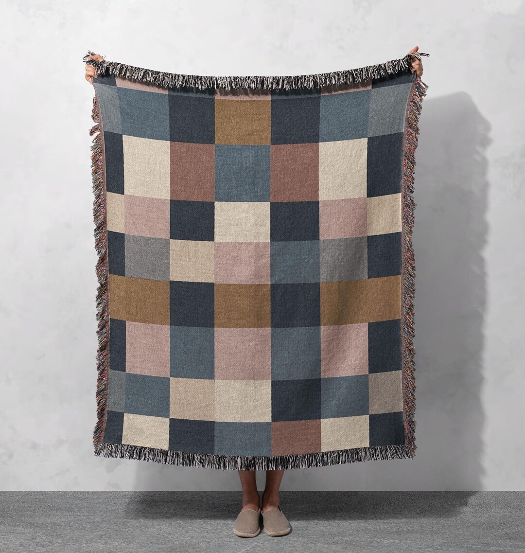 Colorful Checkered Woven Blanket 100% Cotton With Fringed Edges