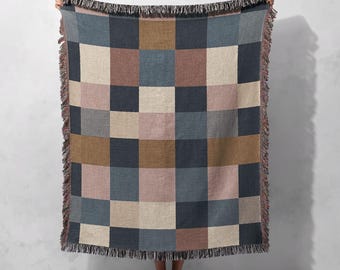 Colorful Checkered Woven Blanket 100% Cotton with Fringed Edges - Cozy Throw for Home Decor, Cottagecore Tapestry