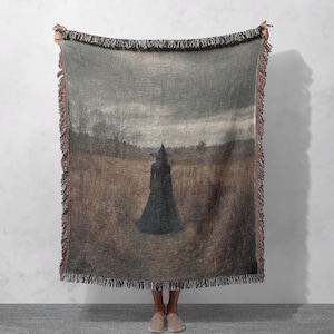 Dark Witch Silhouette Woven Blanket 100% Cotton, Witchcraft Woven Blanket, Spooky Witch Woven Blanket, Halloween Witch Woven Blanket Gothic