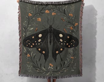 Manta tejida Mystical Moth 100 % algodón con diseño floral y botánico, acogedora y decorativa, tapiz Cottagecore