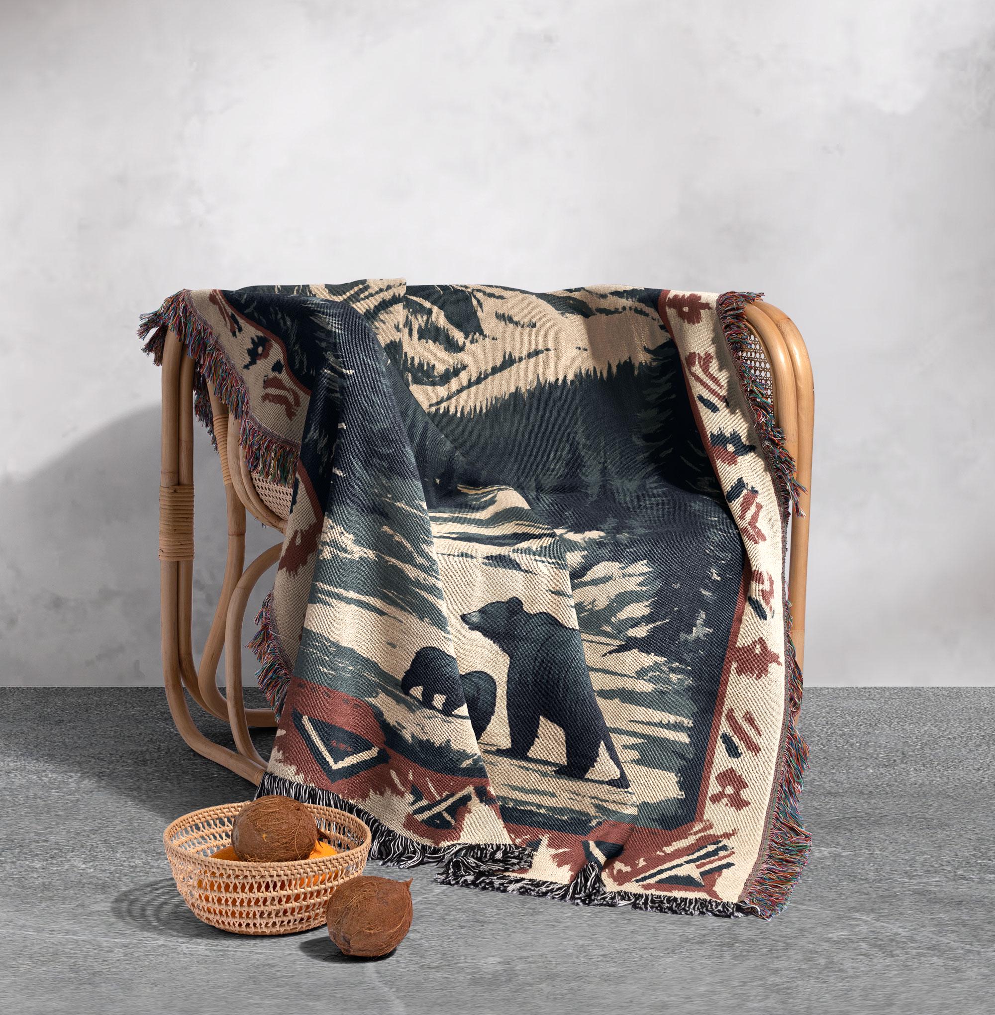 Mountain Bear Family Woven Blanket 100% Cotton - Rustic Lodge